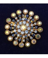 Vintage Rhinestone Starburst Pin Brooch Weiss Aurora Borealis Blue Round... - $63.00