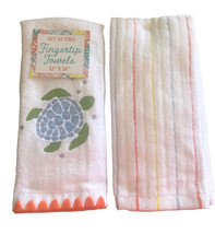 Blue Sea Turtle Striped Fingertip Towels Wave Set of 2 Embroidered Beach House - £28.88 GBP