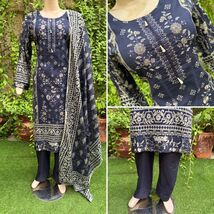 Pakistani Navy Blue Printed Straight Shirt 3-PCS Lawn Suit w/ Threadwork... - $46.04