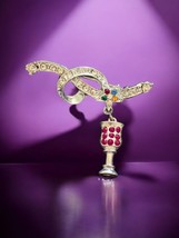 Rhinestones Glass Of Wine Ribbon Knot Dangle Star Silver Tone Brooch Pin... - $173.74 MXN
