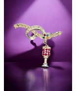 Rhinestones Glass Of Wine Ribbon Knot Dangle Star Silver Tone Brooch Pin... - $173.74 MXN