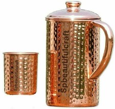 Copper Water Pitcher Jug Hammered Drinking Tumbler Glass Ayurveda Health Benefit - £28.97 GBP