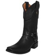 Mens Black Western Boots Cowboy Leather Motorcycle Harness Pull On Squar... - $129.99