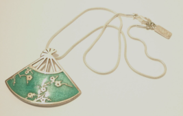 Vintage Silver Toned Necklace with Enamel Fan Pendant, Marked Foxy - £11.16 GBP