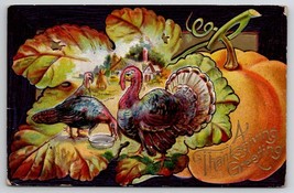 Thanksgiving Greetings Turkey Farm Scene In Leaf Pumpkin Postcard V22 - £6.35 GBP