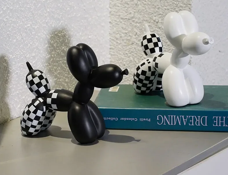 Balloon Dog Modern Art Decor Tabletop 2PCS Checkered Figurine Set, Black & White