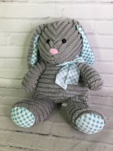 Hug Fun Cord Bunny Plush Rabbit Gray Soft Stuffed Animal Toy Blue Plaid Bow - £8.11 GBP