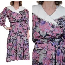 Vintage 80s L/XL Floral Belted Large Collar Midi Dress Pink Purple 12 14 Party - £34.19 GBP