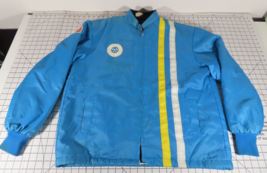 VTG Bell System AT&amp;T Racing Jacket Large Blue Striped Fleece Lined USA Flag - £29.57 GBP