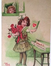 Valentines Day Fantasy Postcard Cupid Window Victorian Girl Gift Box Roses 5002 - £12.74 GBP