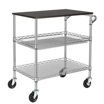 3 Tier Heavy Duty Commercial Grade Utility Cart With Wood Top, Wire Rolling Cart - £107.14 GBP