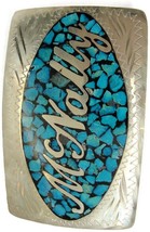 Vintage Belt Buckle &quot;McNally&quot; Silver Plated Turquoise Inlay Etched - £36.10 GBP
