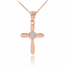 Solid 10k Rose Gold Dainty Accent Solitaire Diamond Cross Pendant Necklace - £86.21 GBP+