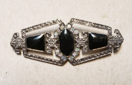 Art Deco Style Marcasite Onyx Aurora Borealis Crystal Brooch - £30.21 GBP