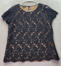 Talbots Blouse Top Women Petite 8 Black Lace Floral Lined Short Sleeve Crew Neck - £19.94 GBP