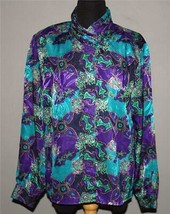 VTG Notations Dark Purple Turquoise Floral Gathered High Collar Blouse W... - £19.97 GBP