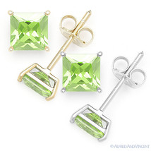 Princess Cut Simulated Peridot CZ Crystal Stud Earrings in .925 Sterling Silver - £14.99 GBP+