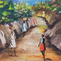 Haitian Art Oil Painting Framed Signed Joseph Folk Art Women Floral Vtg Original - £94.39 GBP