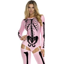 Pink Skeleton Costume Bone Print Bodysuit Garters Stockings Set 554646 M/L - £50.83 GBP