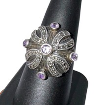 Vintage Sterling Silver 925 Amethyst Marcasite Art Deco Filigree Ring Size 8.5 - £59.04 GBP