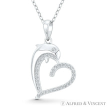 Heart Dolphin CZ Crystal 925 Sterling Silver Rhodium Necklace Pendant Love Charm - £12.70 GBP+
