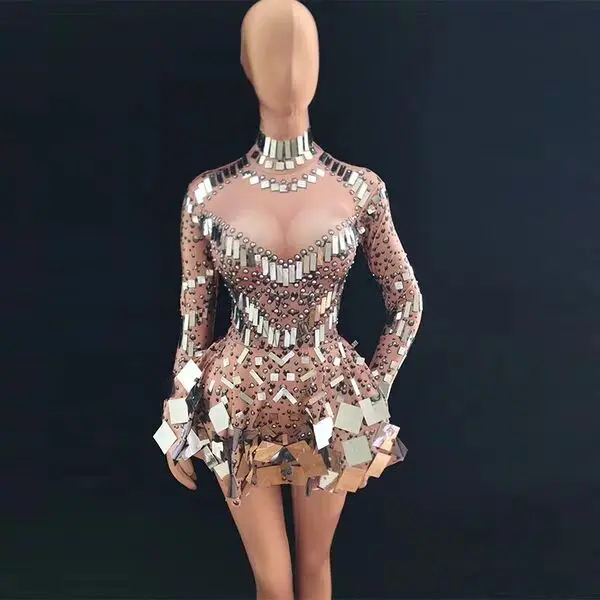 Incarnadine color Singer mirror dress stage dance wears Sparkly Silver Sequins B - £110.98 GBP