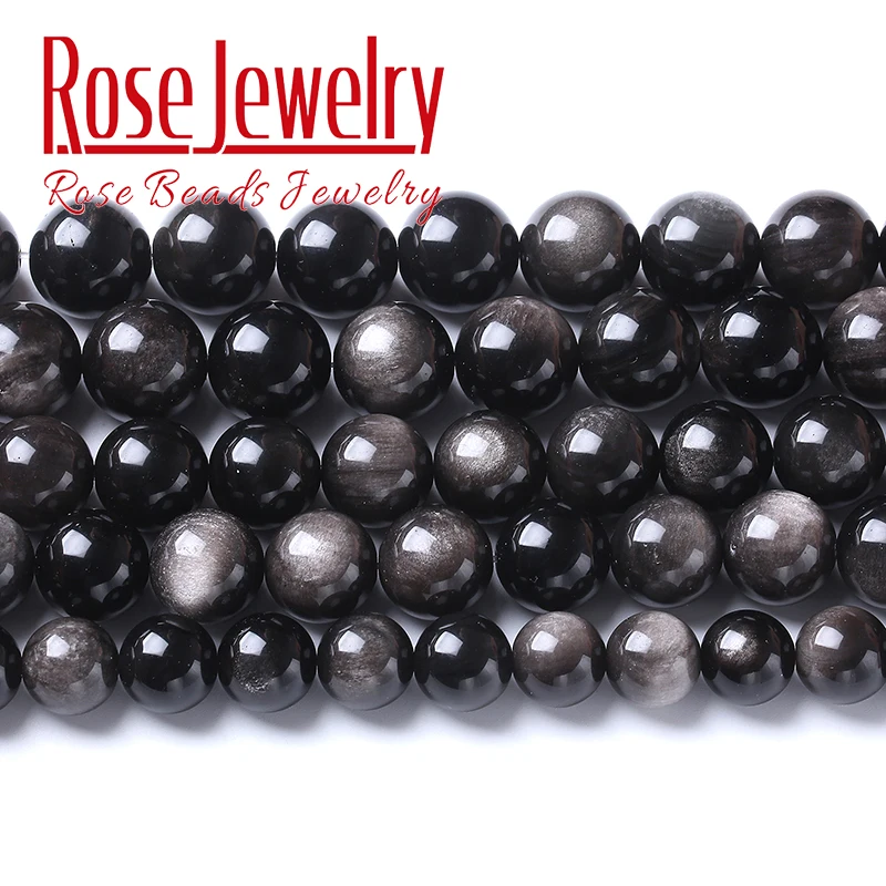 Natural Silver Color Black Obsidian Stone Round Loose Spacers Beads For Jewelry - £13.04 GBP+