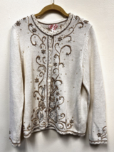 Ugly Christmas Sweater Women SZ M Snowmen Beaded Sequin Cardigan Winter White - £19.39 GBP