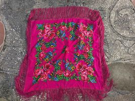 Red vintage floral scarf, folk art textile, retro Eastern European heads... - $20.00