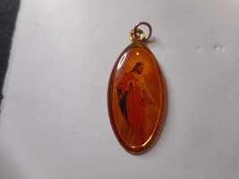 Sacred Heart of Jesus Medal Orange Oval Acrylic Pendant Charm Religious ... - £9.73 GBP