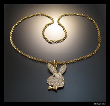 PLAYBOY BUNNY Pendant with Clear Rhinestone Crystal in GoldTone and 30&quot; ... - $75.00