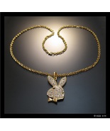 PLAYBOY BUNNY Pendant with Clear Rhinestone Crystal in GoldTone and 30&quot; ... - $75.00