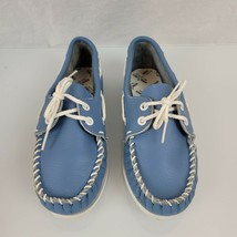 Vintage Minnetonka Moccasins Leather Boat Shoes French Blue White Women 6 - £39.10 GBP