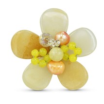 Bright Tropical Flower Yellow Jade, Agate, Crystals, and Pearls Floral Ring - £8.78 GBP