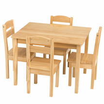 Kids 5 Pieces Table Chair Set Pine Wood Children Play Room Furniture Nat... - $187.08