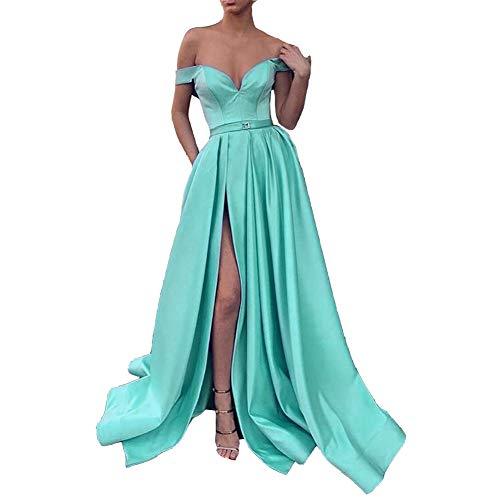 Kivary Plus Size Off The Shoulder High Slit Long Prom Dress with Pockets Mint Bl