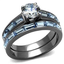 Clear and Blue CZ Wedding Set Gunmetal Plated Stainless Steel TK316 - £20.78 GBP