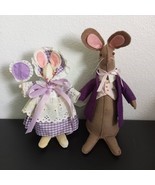 Vintage Handmade Bunny Rabbit Pair  9&quot; Stuffed Felt Fancy Cloth Outfits ... - $104.50