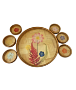 Vintage Round Bamboo Serving Tray Butterfly Flower with Coasters Set of ... - £18.19 GBP