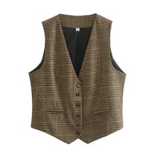 Zevity New Women Vintage V Neck Houndstooth Print Breasted Slim Short Vest Jacke - £20.06 GBP