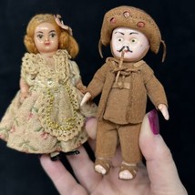 2 MINIATURE Dolls Celluloid Mexican Figurines Leather Original Dress VTG 4”H - £17.88 GBP