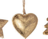 SET OF 3 MINIATURE ANTIQUE GOLD FINISH METAL HEART/TREE/STAR BELL XMAS O... - $16.88