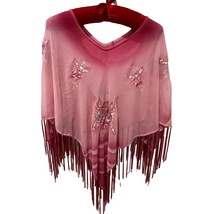 Pink Silk Embroidered  Boho ChicSequin Poncho Has Fringe One Size Holida... - $24.75