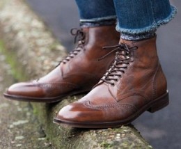 Handmade Ankle Boot Men Brown Desert Oxfords Wing Tip Style Leather Formal Boot  - £119.89 GBP