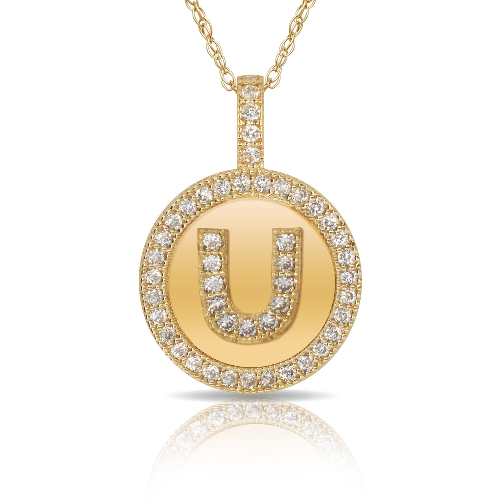 Primary image for 14K Solid Yellow Gold Round Circle Initial "U" Letter Charm Pendant & Necklace
