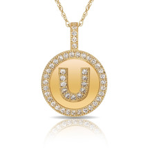14K Solid Yellow Gold Round Circle Initial &quot;U&quot; Letter Charm Pendant &amp; Ne... - £27.47 GBP+