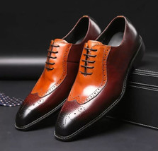 New Handmade Brown Tan Color Leather shoes, Men Lace Up Wing Tip Brogue Shoes - £111.88 GBP