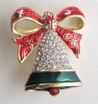 Christmas Bell Pin Brooch Holiday BELL with Red Green Crystal Rhinestones Enamel - £14.22 GBP