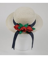 HARTSTRINGS BABY NWT EASTER BONNET WIDE BRIM STRAW HAT NAVY RIBBON RED T... - $14.84