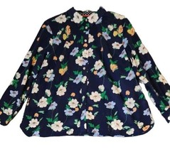 Talbots Navy Floral Button Up Top Shirt Size XLP Medium Petite 100% Cott... - $19.95